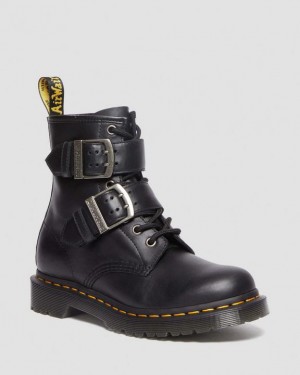 Women's Dr Martens 1460 Buckle Pull Up Leather Lace Up Boots Black | NZ_Dr57038